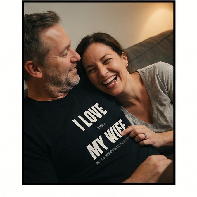 Couple laughing in Good Husband shirt