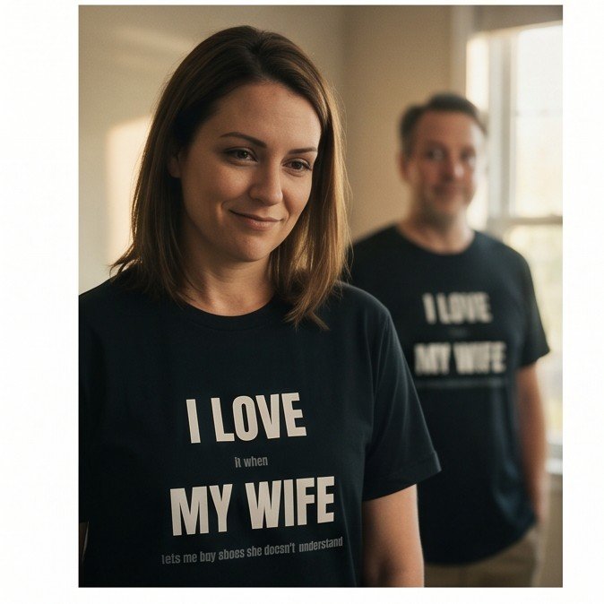 Couple wearing Good Husband shirt